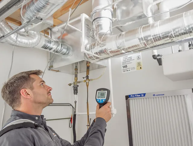 Marblehead Air Duct Cleaning expert conducting detailed filter system inspection using diagnostic tools in Marblehead